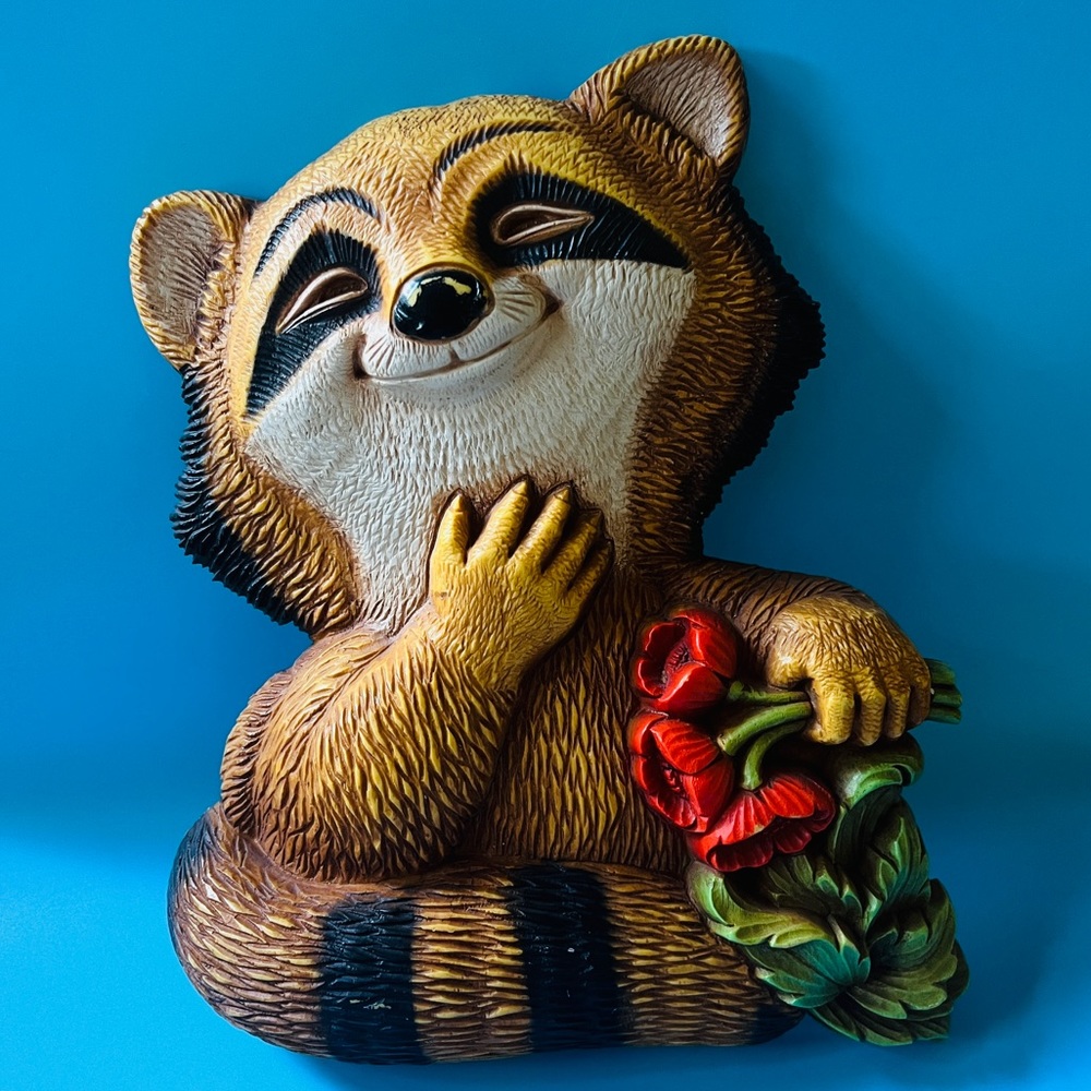 Vintage 70’s Homco Syroco Raccoon Flowers Wall Art